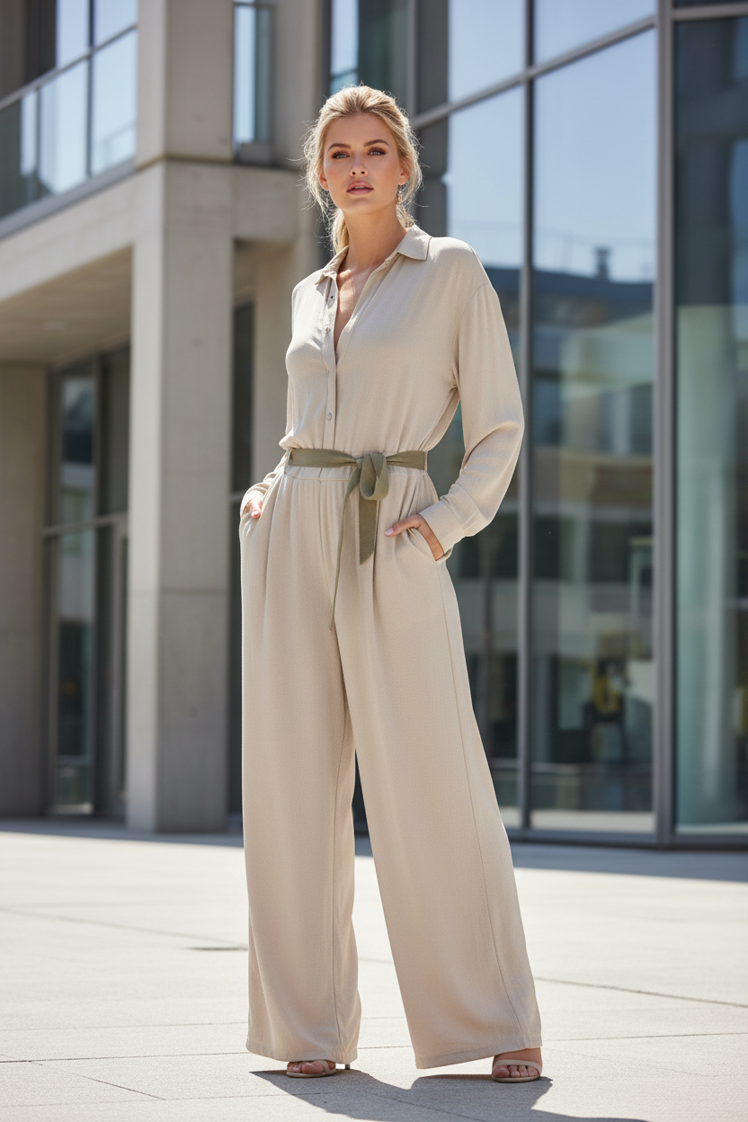 Everybody Jumpsuit – Beige, Blonde Model, Architectural Outdoor Setting