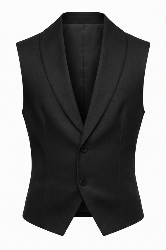 Ghost mannequin vest in black - front with inside neckline