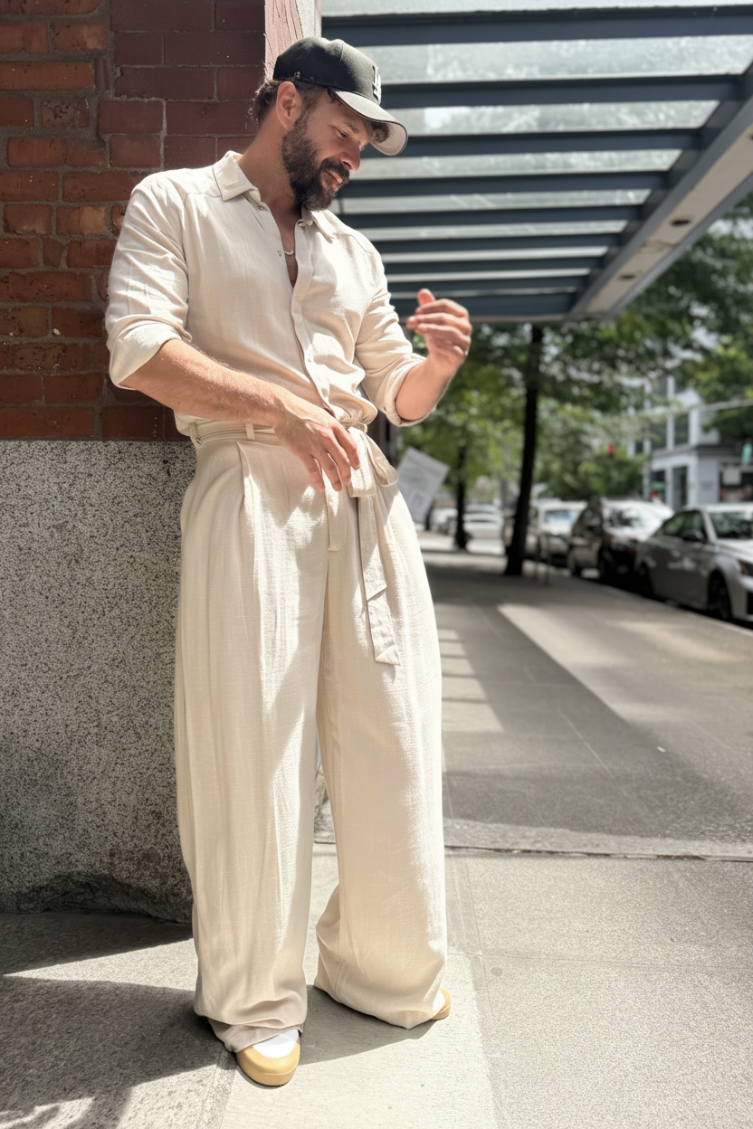 Cream linen shirt and wide-leg trousers product shot
